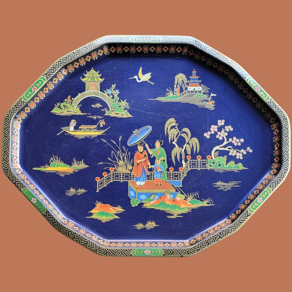 Vintage 1970s Daher Decorated Ware Blue Tin Tray with Chinoises Toile Design